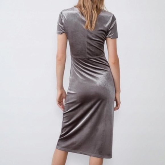 Zara Women S Taupe Grey Metallic Velvet Side Slit Fitted Bodycon Midi Dress NWT - Picture 3 of 12